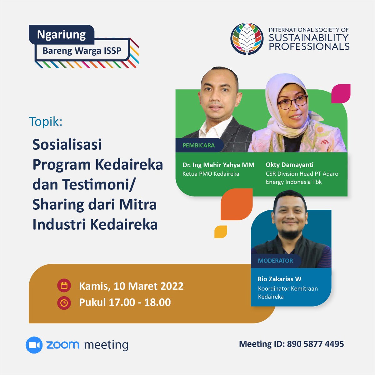 issp_id's tweet image. Topik:
Kenapa Kedaireka? Apa itu Kedaireka?
(Sosialisasi Program Kedaireka dan Testimoni/ Sharing dari Mitra Industri Kedaireka)

Pemateri: Mahir Yahya Bayasut
Sharing: Okty Damayanti
Host/moderator: Rio Zakarias

Kamis, 10 Maret 2022
Pukul 17:00 - 18:00

us06web.zoom.us/j/89058774495