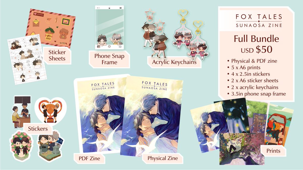 sunaosazine's tweet image. Here are our amazing products and bundles up for pre-orders!!
(all prices in USD)

🦊 PDF only = $15
🍙 Physical Zine = $27 (comes with the PDF, 2 prints &amp;amp; 1 sticker)
📱 Full bundle = $50
🏐 Merch bundle = $27