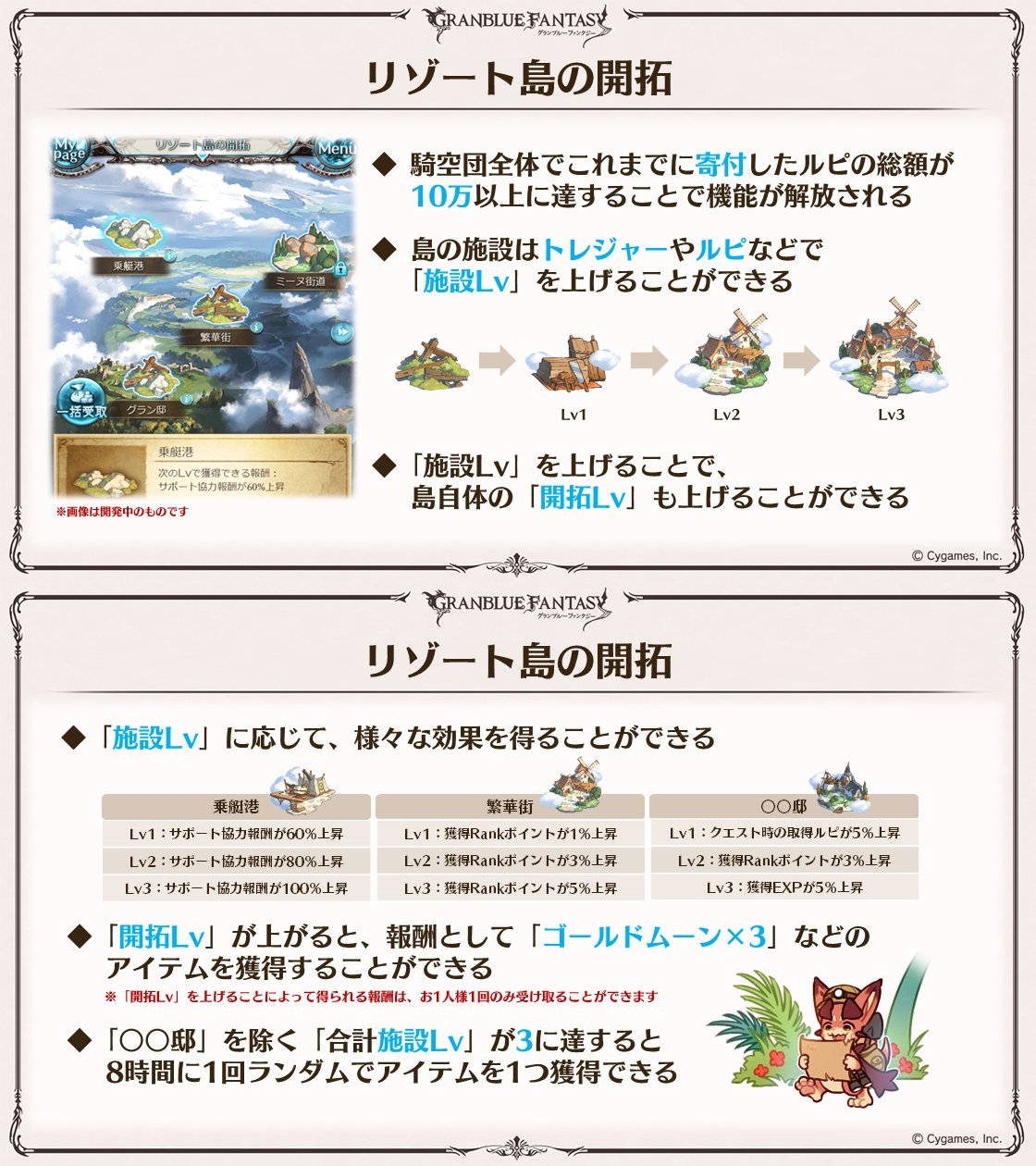 グラブル攻略 Gamewith 3 10 木 に リゾート島の開拓 実装予定 騎空団寄付ルピ総額10万で解放 団共有施設と個人用施設 邸 が存在 トレジャーやルピ等で施設lv上昇 島開拓lvも Rank Exp ルピ上昇等の恩恵 施設lv合計3到達後は8時間に1回 グラブル攻略 Gamewith 3 10 木 に リゾート島の開拓 実装予定 騎空団寄付ルピ総額10万で解放 団共有施設と個人用施設 邸 が存在 トレジャーやルピ等で施設lv上昇 島開拓lvも Rank Exp ルピ上昇等の恩恵 施設lv合計3到達後は8時間に1回