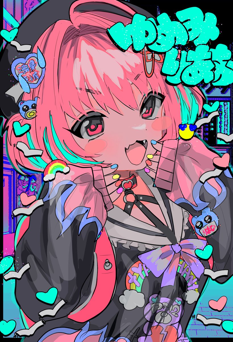 yumemi riamu 1girl solo pink hair pink eyes hat fangs open mouth  illustration images