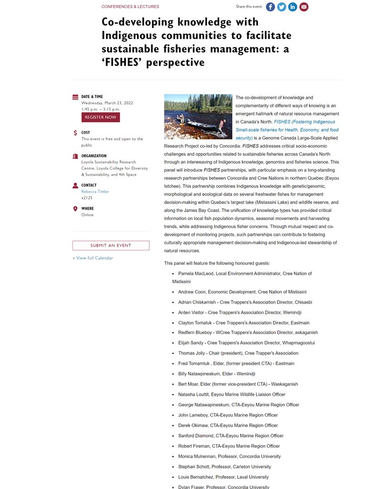 FISHES will be participating in Concordia University's Celebrating Indigenous Expertise in Sustainability.The discussion will focus on what sustainability and fish mean to the Cree way of life. @GenomeQuebec <a href="/GenomeCanada/">Genome Canada</a> <a href="/ontariogenomics/">Ontario Genomics</a> <a href="/raq_actu/">RAQ - Actualité</a> <a href="/gcccra/">Cree Nation Govt.</a>