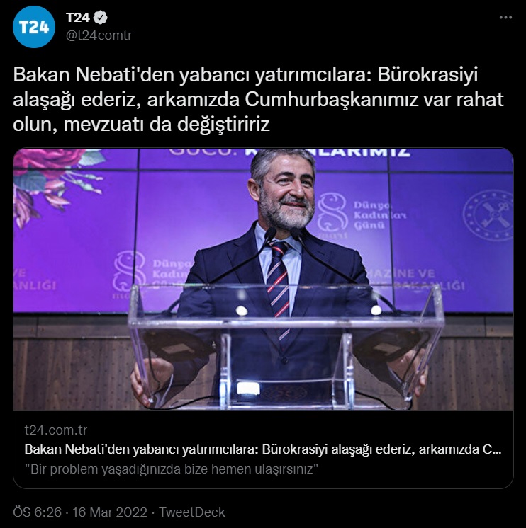 FotoHaber - Uzun süredir ''Bütün kurumları çökmüş, hukukun ortadan kalktığı, kimsenin can ve mal güvenliğinin bulunmadığı bir ülke bulsak da paramızı emanet etsek'' arayışında olan yabancı yatırımcının beklediği müjde Bakan Nebati'den geldi... zaytung.com/fotohaberdetay…