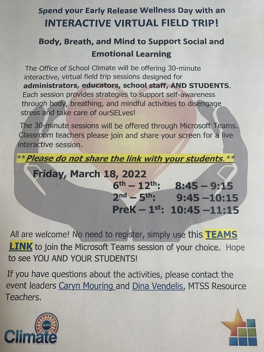 mrs_cmouring's tweet photo. ✨Spend your Friday with us! We would LOVE to see you as the @BCPS_OSC @BcpsMTSS team offers another interactive virtual field trip for students and staff! ♥️Share! Share! Share! @D_Vendelis @BethALambert1 @WVUTRICIA https://t.co/TMKywNlMcj
