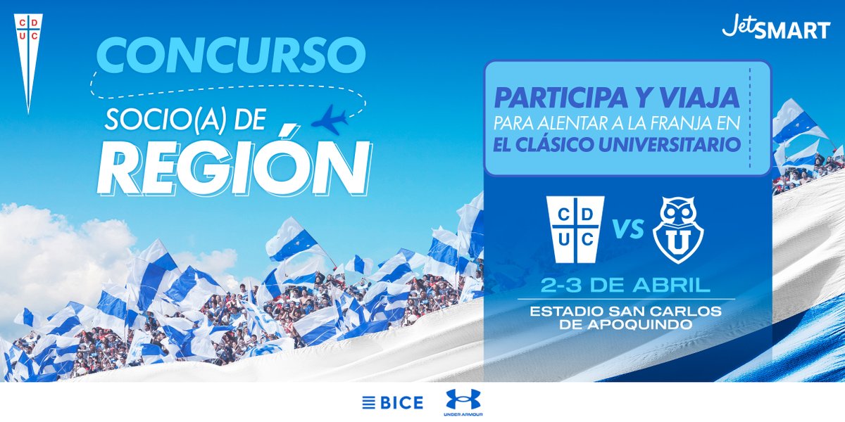 Cruzados's tweet photo. ¡Llegó el concurso Socio Región Cruzado #VuelaSMART! ✈
Junto a @VuelaJetSMART te traemos con un acompañante a San Carlos para vivir el Clásico Universitario, ¡una experiencia inolvidable! 💫
Inscríbete 👉 https://t.co/v2xdivnRCb 👈
Plazo inscripción: 🗓 21/03 ⏰ 12:00 hrs. https://t.co/6LxgFnfqao