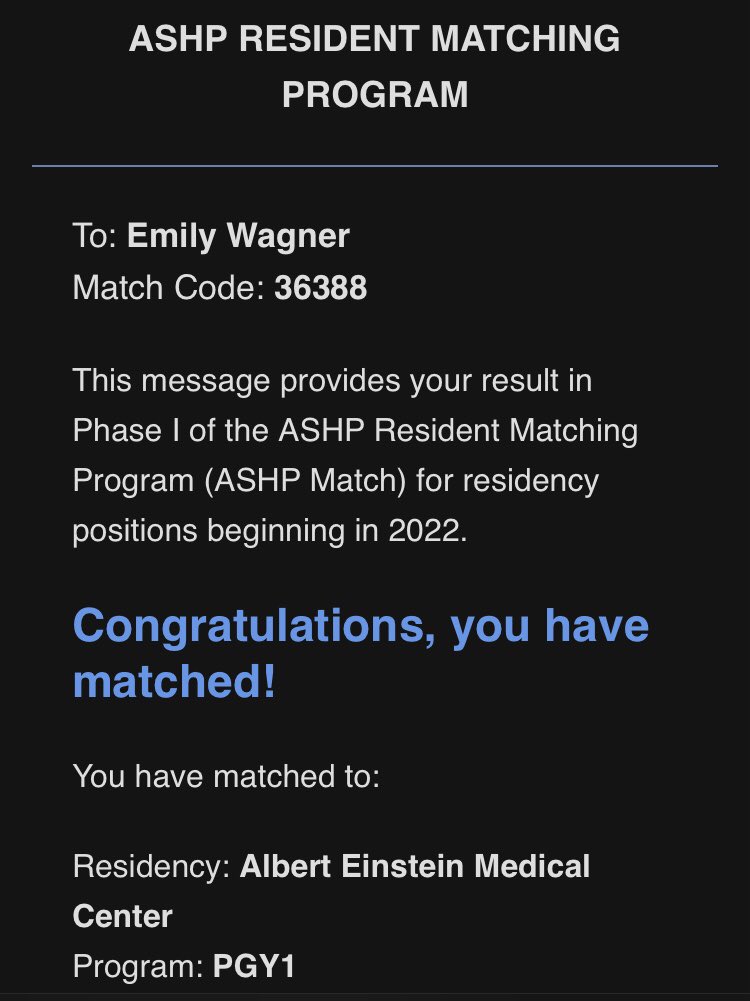 EmilyWagner_Rx's tweet photo. Thrilled to share that I matched with the PGY-1 residency program at Albert Einstein Medical Center in Philadelphia!! 😄 Can’t wait to join the @EinsteinRxRes family! 🎉 #MatchDay2022 #PharmRes https://t.co/iSxwUwFWyT