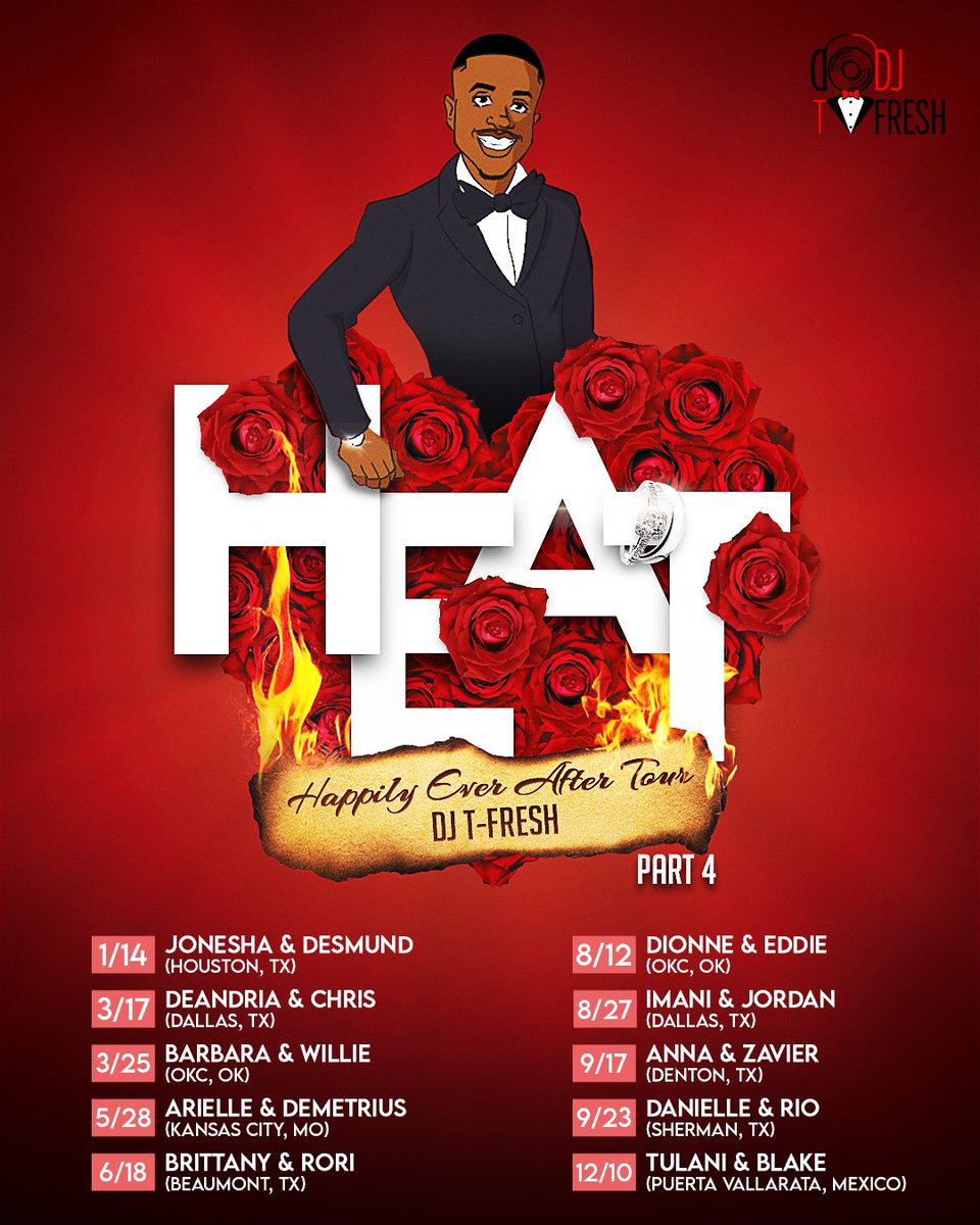 TheDJTFresh's tweet photo. BACK ON ROAD ‼️🔥

Year 4 of My Wedding DJ Tour that started from an idea, and now we’re getting booked in Mexico and all across the states from Cali, Florida, Minnesota, Kansas, Oklahoma, and Texas! #HEAT4

Happily Ever After Tour 👰🏾🤵🏾‍♂️ #DJTFresh https://t.co/jyfPJTzc0d