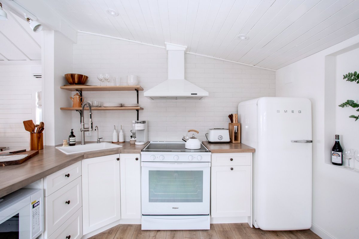 The kitchen at The Hideaway is built for form and function. A brand new Smeg refrigerator and Whirlpool range are two highlights. But we have also included all the appliances, tools, gadgets and gizmos you may need to cook a beautiful cottage meal.