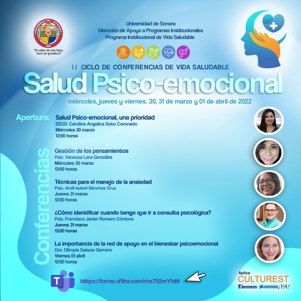 El Programa Institucional de Vida Saludable de <a href="/SoyUnison/">Soy Unison</a>  te invita al 2do Ciclo de Conferencias de Vida Saludable, con el tema Salud Psico-emocional abierto a la comunidad universitaria y público en general. 

Regístrate: forms.office.com/r/nx792mYfaM