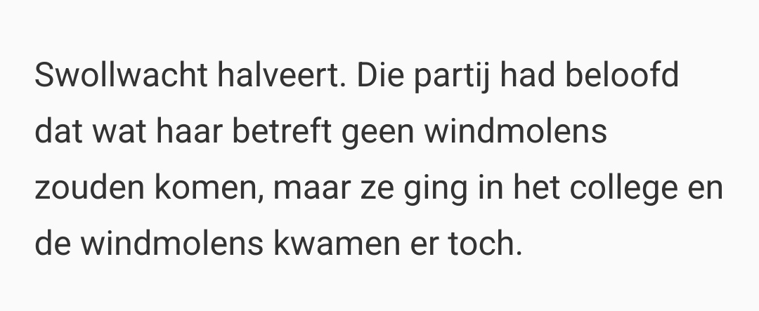 Ik denk dat die halvering niets met die windmolens te maken had. Windmolens zijn het probleem niet (aangezien GL lijkt te winnen).

Het probleem is het misselijkmakende racisme van een FvD'er op hun lijst waar geen afstand van is genomen door Swollwacht:
destentor.nl/zwolle/kandida…