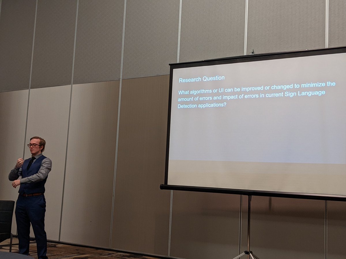 #GallaudetU #ReuAICT undergraduate researcher Shane Angel's presentation on sign detection in telecommunication software at #CSUNATC22