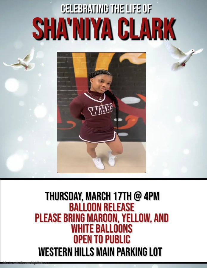 The Clark Family will be having a balloon release tomorrow and have invited all members of the Western Hills Community. We hope to see you all there as we celebrate Sha’Niya’s life ❤️
