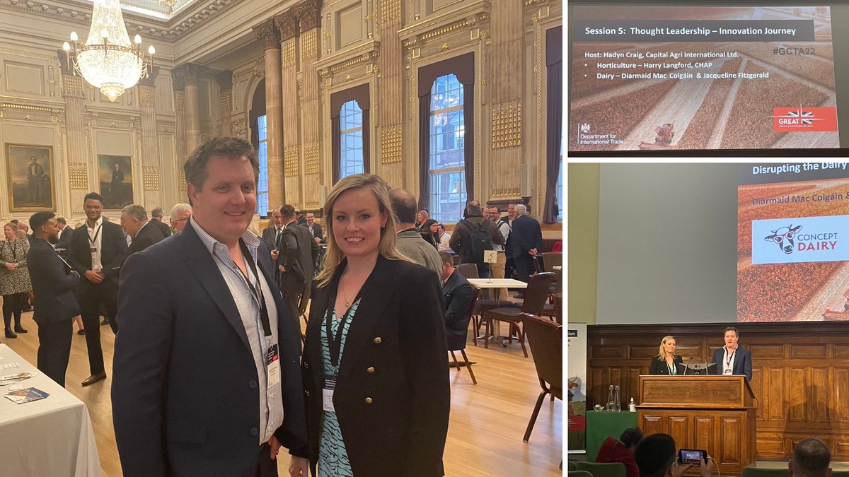 ConceptDairy's tweet photo. A fantastic day at the @tradegovuk event: Get ready for Game Changing Technology for Agriculture 2022! Our Founders Jaqueline Fitzgerald &amp; @Diarmaid_Mac_C spoke during ‘Thought Leadership – Innovation Journey’ hosted by @hadynCraig.
 
#GCTA22 #GameChangingAgritech #DairyFarmers https://t.co/1swIGw4ut1