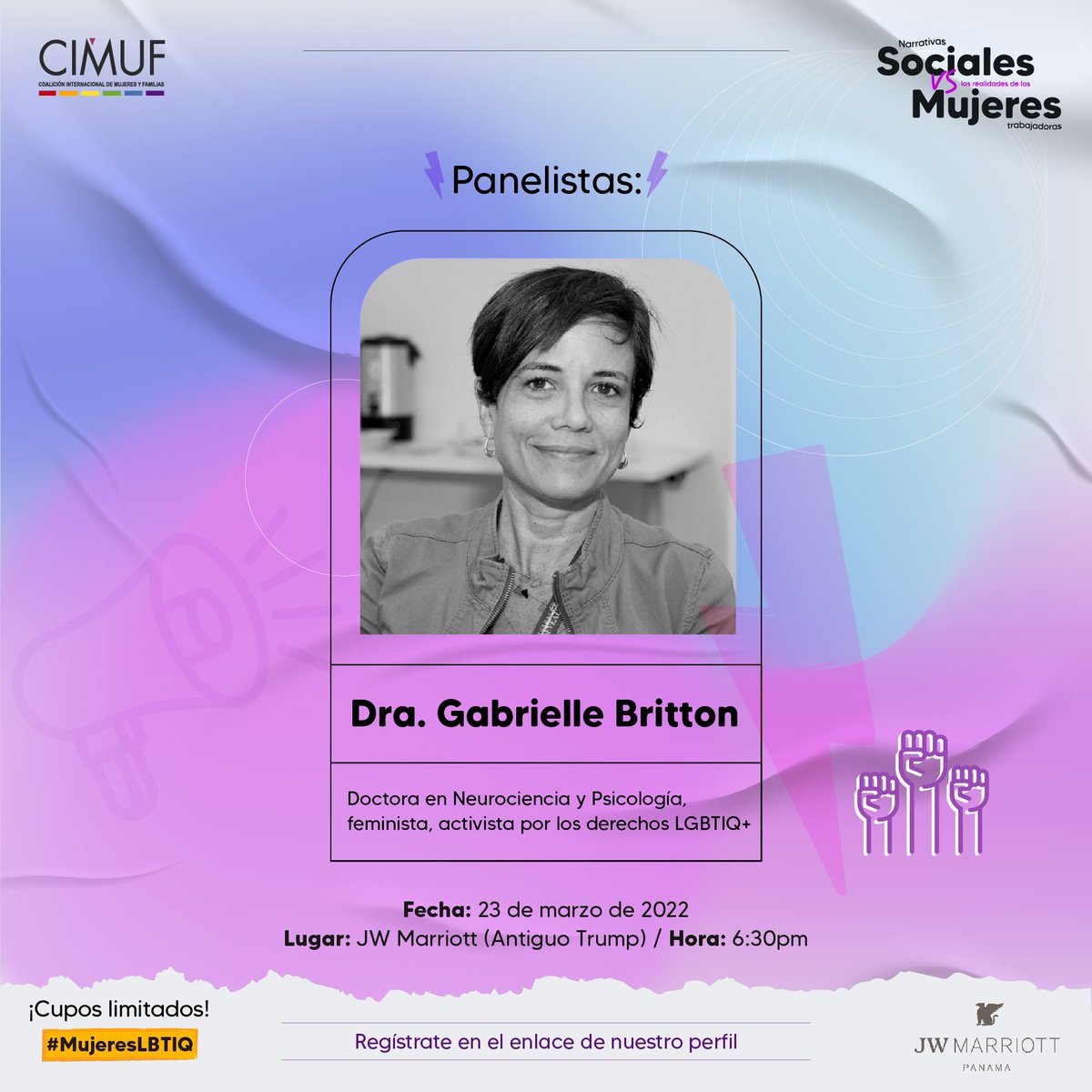 cimufpanama's tweet photo. 💜🏳️‍🌈 Gabrielle Britton, Doctora en Neurociencia y Psicología, feminista, activista por los derechos #LGBTIQ+ 🦹‍♀️, nos acompañara en este foro.🔥 
#cimuf #foro #8MPanama #8M #mujereslbtiq #mujerestrabajadoras https://t.co/u81DtGczTt