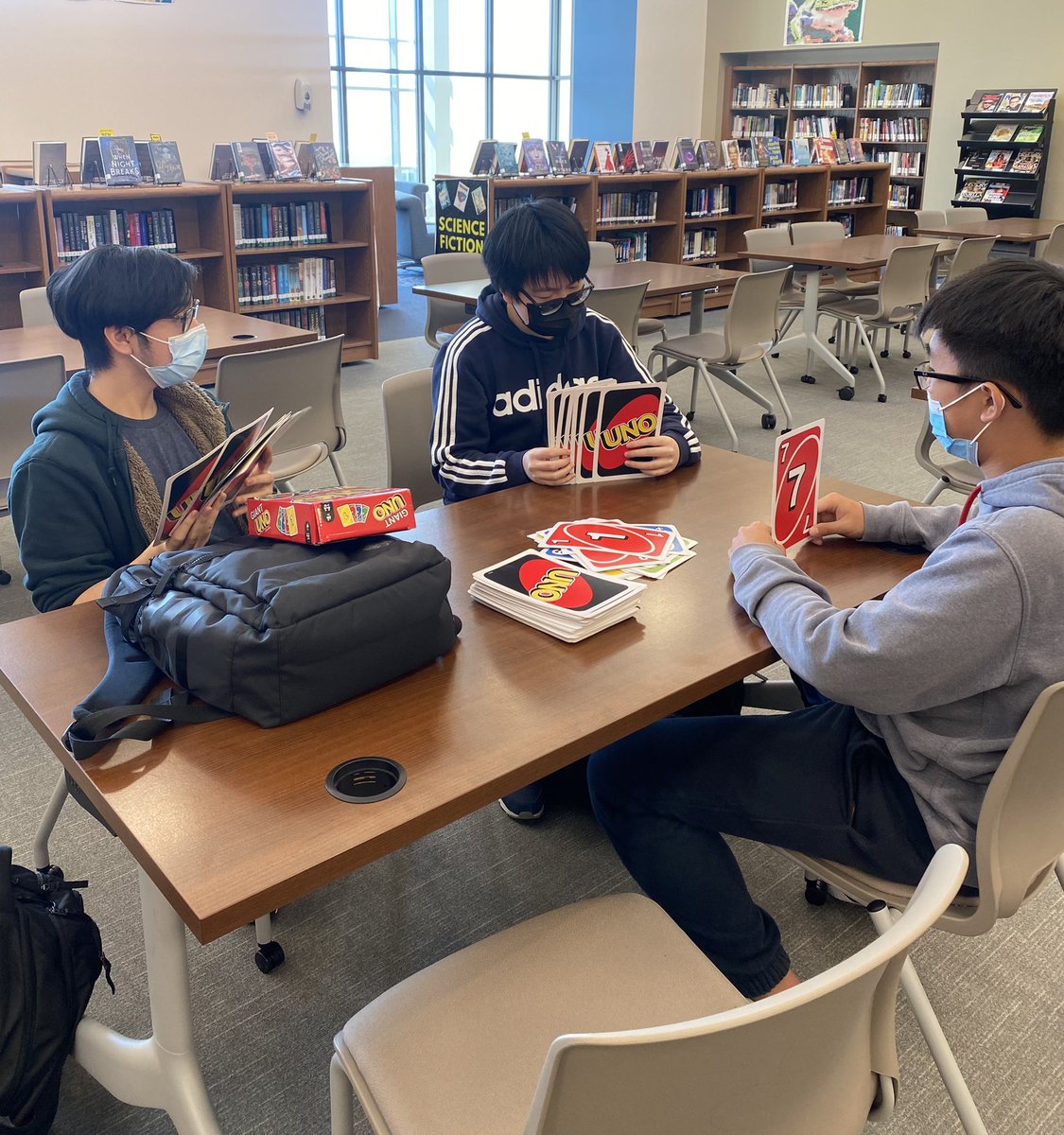 The Giant Uno Cards are a hit!! Come to the library during lunch or advocacy to play!