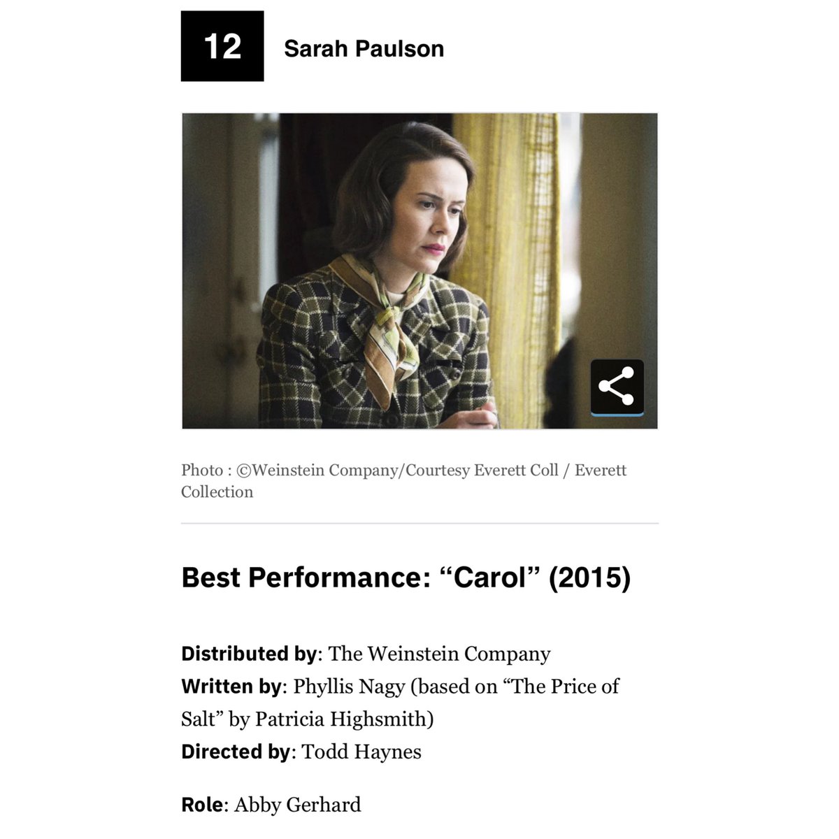 .@variety ranks sarah paulson #12 on their list of “30 actors that should have oscar nominations by now.”
they highlighted her performances in carol (2015), 12 years a slave (2013) & run (2020). https://t.co/BJzL561mTB
