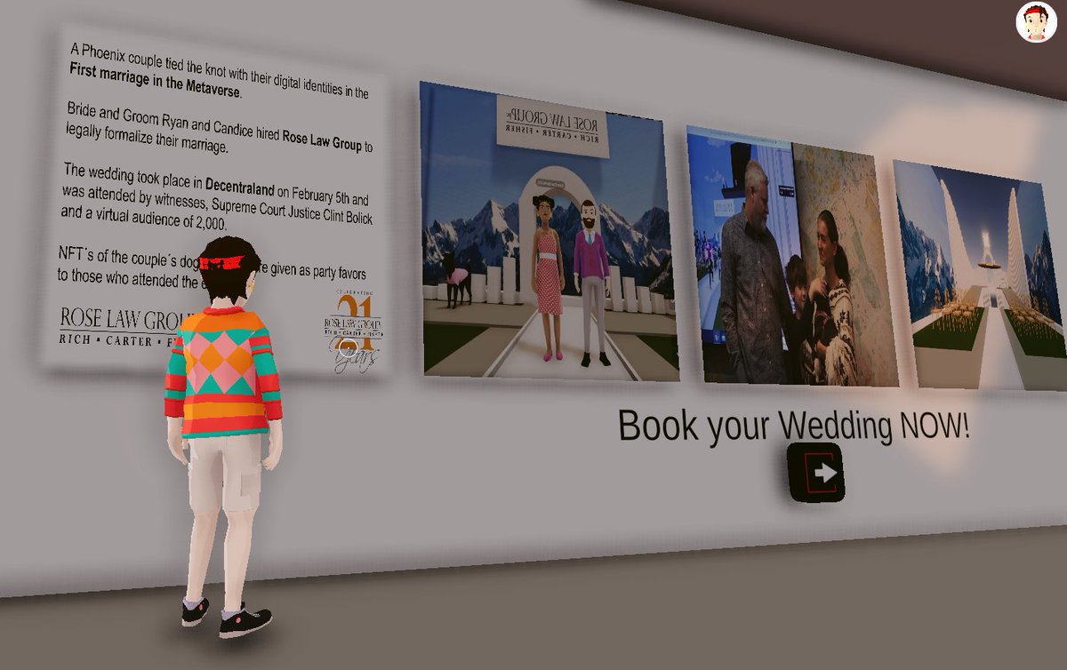 heyformatho's tweet photo. Met your special one in the #MetaVerse?
You can now get married in the Metaverse!
Introducing @roselawgroup, who conducted the 1st #MetaMarriage. The event had over 3,500 guests !
They have office now open in @Decentraland. 
#RoseLawGroup #MetaGrandOpening #MetaMarriage #DCL https://t.co/OwW90ltts5