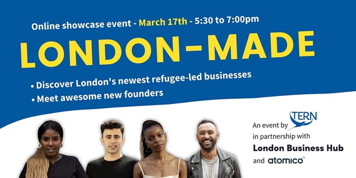 @LDNBusinessHub has partnered with <a href="/TERNrefugee/">TERN</a>  to deliver a refugee incubator and tomorrow we will be launching businesses that have participated in the programme. 
Get tickets for tomorrow’s online event (17 March, 5.30 – 7pm) at:  bit.ly/london-made-20…