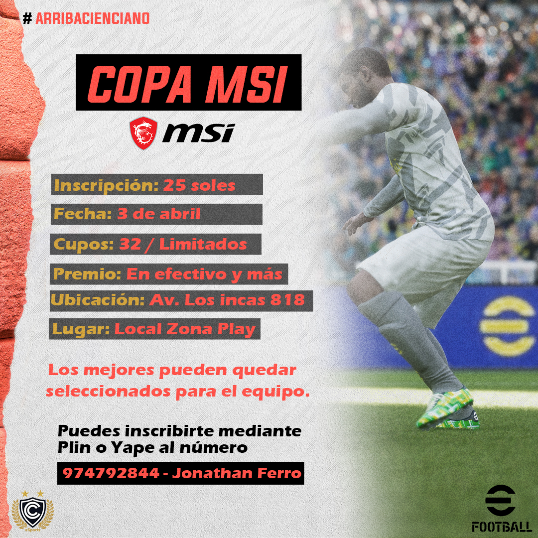 ciencianoesport's tweet photo. ¿Listo para competir?😜

Junto a nuestros compañeros de @MSI_Latino lanzamos la #CopaMSI🏆 de #eFootball ⚽

Premios en efectivo💰 y además la posibilidad de formar parte del equipo de Papá👊🏽

¡NO TE LO PIERDAS!🔥

#ArribaCienciano🔴 #MSILaptopLatam💻 https://t.co/sj378gYZSK