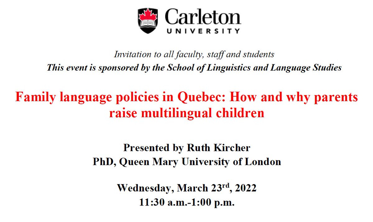Looking forward to this talk by <a href="/ruth_kircher/">Ruth Kircher</a> on Family Language Policies in Quebec <a href="/ALDSCarleton/">ALDS Carleton</a> next week! All welcome. 
Mar 23, 2022 11:00 AM America/Toronto
Zoom details:
carleton-ca.zoom.us/j/99193958876 
Meeting ID: 991 9395 8876
Passcode: 770474