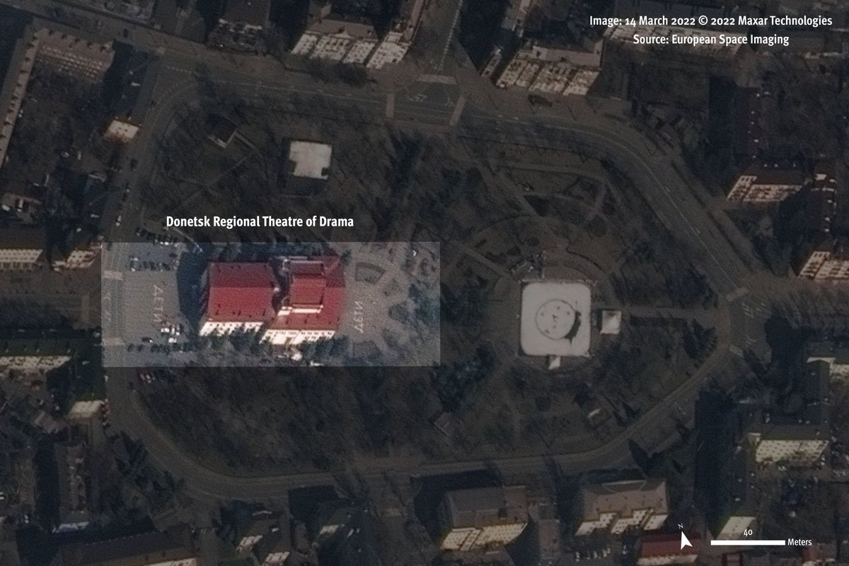 hrw's tweet photo. Satellite imagery of the Donetsk Regional Theater of Drama, analyzed by @HRW 2 days before today’s attack in #Mariupol, clearly shows the building was marked on either end.
 
It says “Children” https://t.co/uHLgWlQBc5