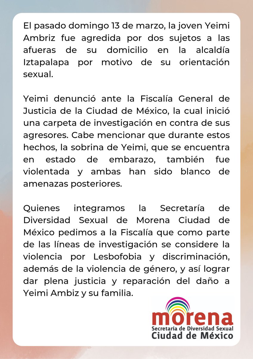 DiverSexCdMex's tweet photo. La violencia por motivos de orientación sexual o identidad de género son condenables, por lo cual pedimos justicia y reparación del daño a #Yeimi, mujer lesbiana que ha sido blanco de amenazas y violencias por ser lesbiana.
La @FiscaliaCDMX debe actuar.
#MorenaDiverSex 🏳️🌈 https://t.co/hrldzeAARb