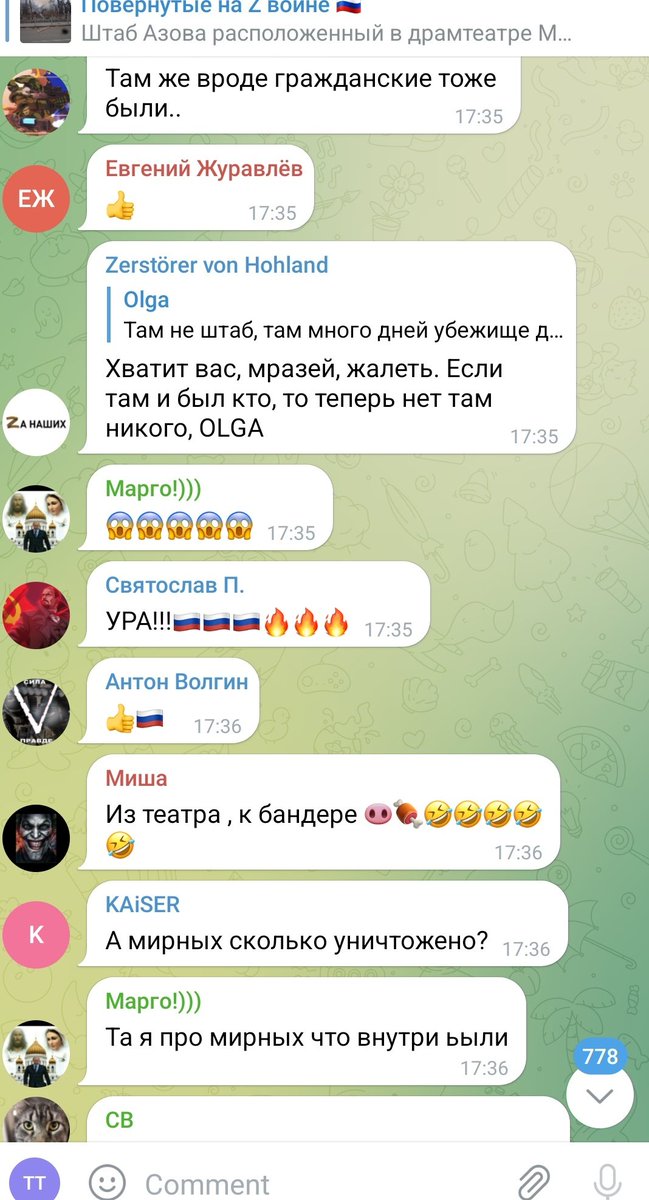 Russian channels are veering between "we destroyed Azov HQ at the theater" and "we didn't do it, they themselves up". But the amount of pure evil - celebrating deaths of civilians - on Russian pro-war telegram channels is astounding.