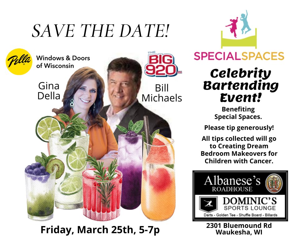 PellaOfWI's tweet photo. Gina Della is teaming up with Bill Michaels to benefit Special Spaces Wisconsin, a not-for-profit organization creating dream bedroom makeovers for children with cancer. All tips collected will go directly to Special Spaces.  Learn more at https://t.co/WWVYc8qv3g. https://t.co/qHhU6RfWGK