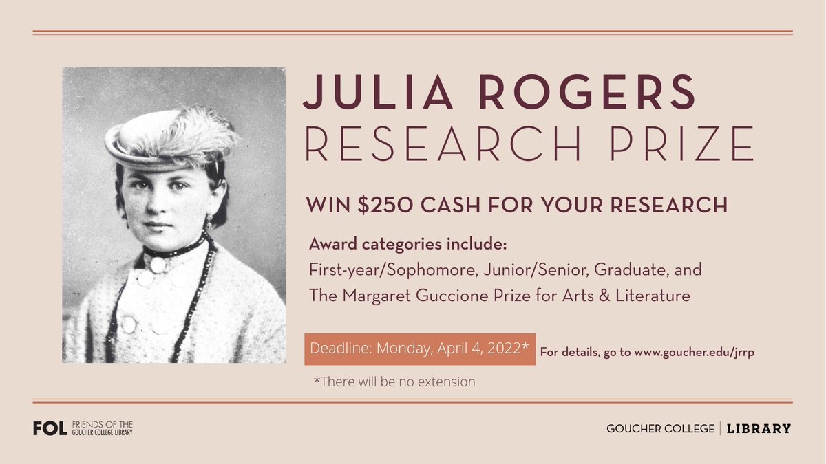 GoucherLibrary's tweet image. Submissions for the Julia Rogers Research Prize are now open!
More info: goucher.edu/library/about-…