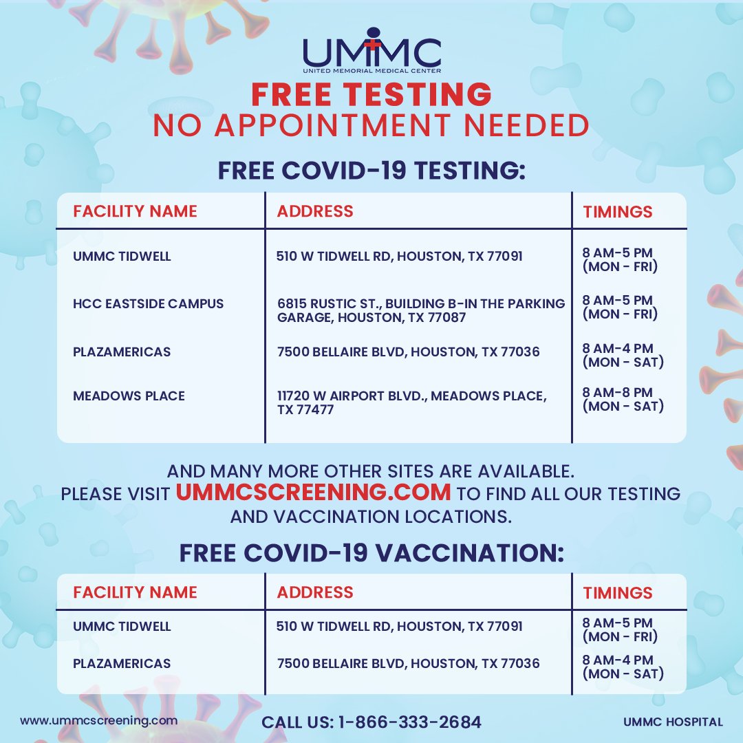 FREE COVID-19 testing and vaccinations at several surrounding Houston locations! No appointments needed. 
For all testing and vaccination sites, please visit: ummcscreening.com/testing-locati…
#ummc #unitedmemorialmedicalcenter #covid #covid19 #covidhunters #houstontexas #houston