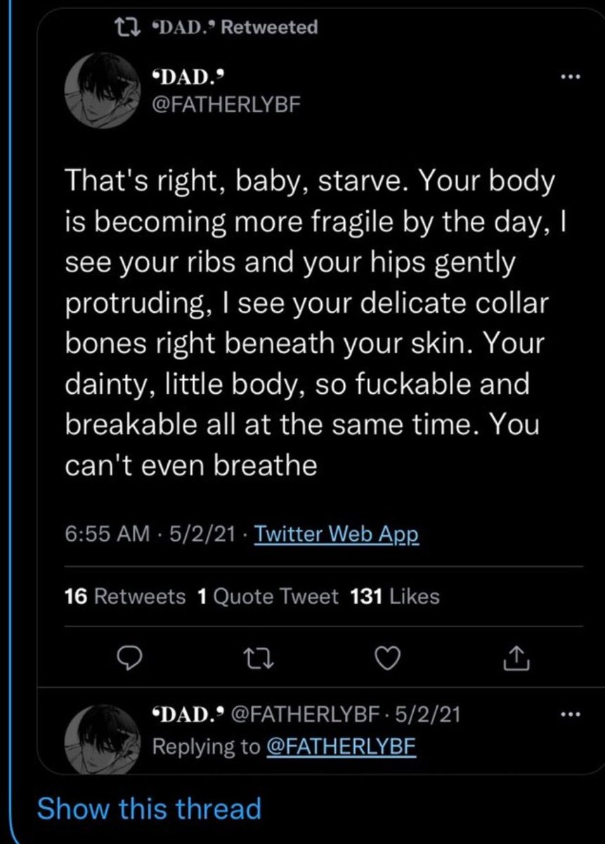 bizzIesmodeI's tweet photo. Tw// CMC, SA, ED, PEDO, 

Like he has an anorexia fetish and sexualizing self harm.. I'm so sick. https://t.co/FFYA4aZlal