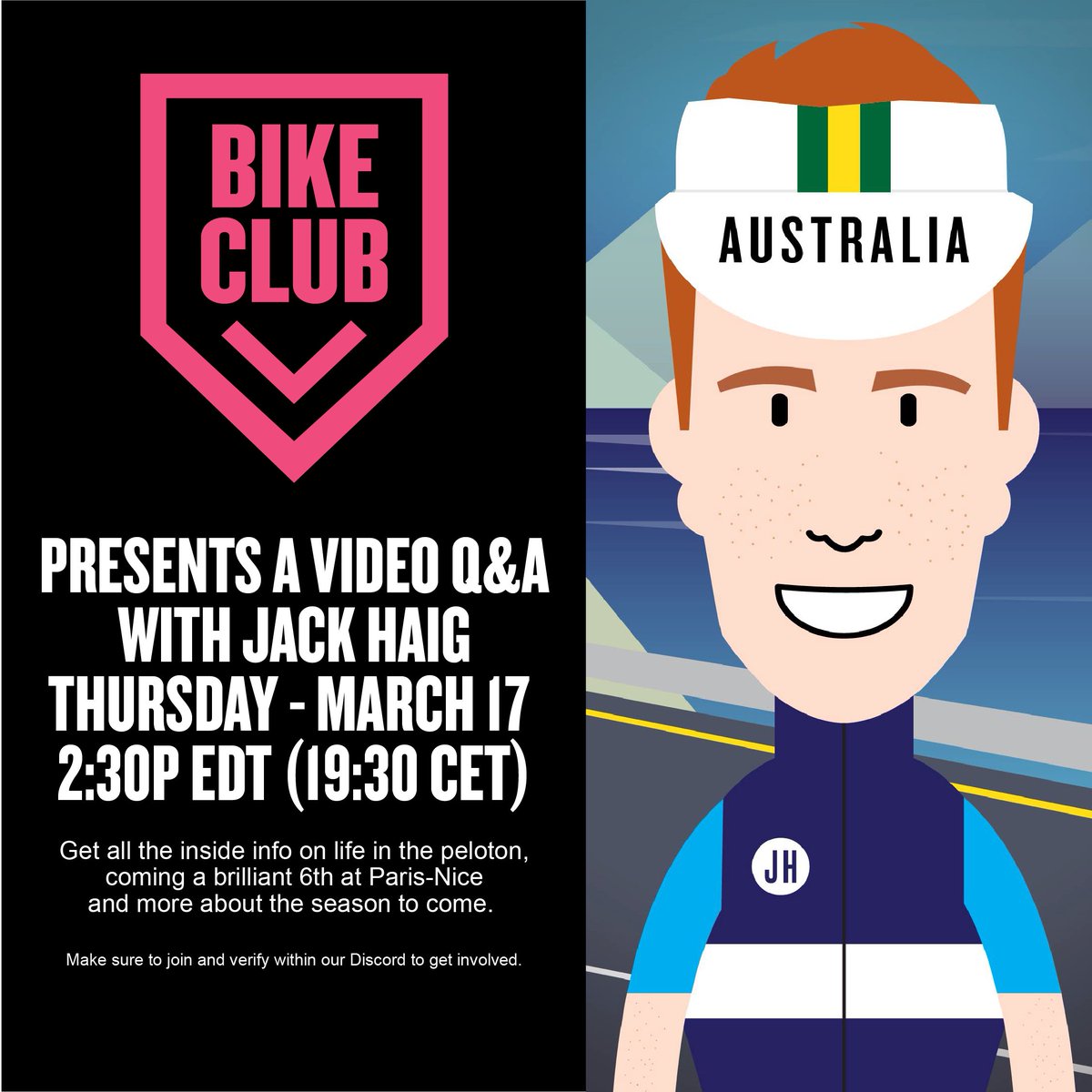 SAVE THE DATE - Mark your calendars now for a very special chat with @jackhaig93 in the Bike Club Discord this Thursday around 2:30p EDT (19:30 CET). Make sure you've joined and verified in our Discord before it starts!