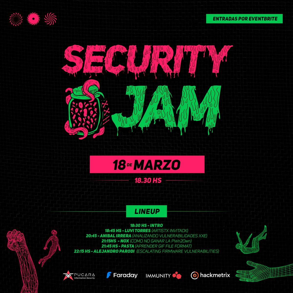 🚨Cerramos el Line-Up de JAM 🚨
⚡️T-R-E-M-E-N-D-O⚡️
⚠️SOLD OUT⚠️

Speakers🗣️
<a href="/airrera/">Aníbal Irrera</a>
<a href="/MrNox_/">Nox</a>
<a href="/pastaCLS/">Javier Aguinaga</a>
@SecSignal

ArtistX🎤
<a href="/luvitorres/">LUVI TORRES (they/she)</a> 

Streaming Twitch📽️
<a href="/Age_Of_Entropy/">Age Of Entropy</a> 

Sponsors🦾
<a href="/pucara/">Pucara Cybersecurity</a> <a href="/faradaysec/">Faraday Security</a> <a href="/Immunityinc/">Immunity Inc.</a> <a href="/hackmetrix/">Hackmetrix</a>