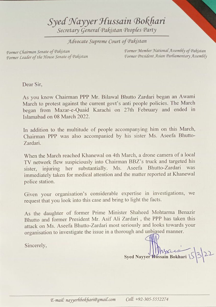 RazaDharijo's tweet image. PPP's General Secretary Syed Nayyar Hussain Bukhari has writes letter to DG ISI, @MediaCellPPP demands to investigate the matter of BB @AseefaBZ drone incident at Khanewal on 4th March during #AwamiMarch.