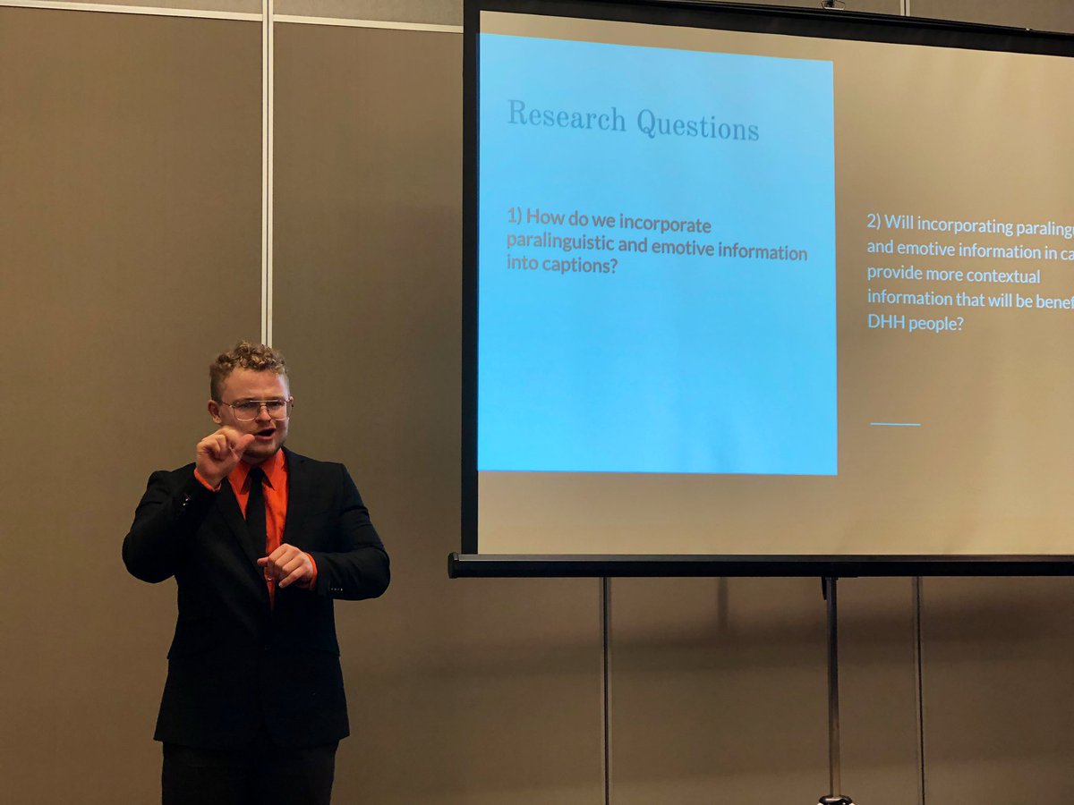 Proud to see <a href="/GallaudetU/">Gallaudet University</a>’s IT/<a href="/STAMPGallaudet/">STAMPGallaudet</a> major  <a href="/Joey_Mendis/">Joey Mendis</a>  present his REU work on “Caption UI/UX - Displaying Emotive &amp; Paralinguistic Information in Captions” at #CSUNATC22 , funded by grants under <a href="/NSF/">U.S. National Science Foundation</a> and NIDILRR/<a href="/ACLgov/">ACLgov</a>, and mentored by <a href="/rajakushalnagar/">Raja Kushalnagar</a> and me. 1/2