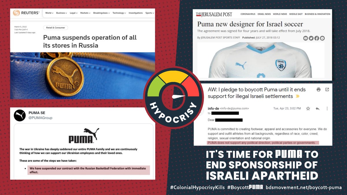 PeterIngrams's tweet image. Sooo @PUMA, you ended a contract with the Russian Basketball Fed over Russia's invasion of Ukraine.

But maintain a contract with Israel Football Assoc &amp;amp; its illegal settlement teams?!

Hypocrisy much?

#BoycottPUMA not #PumaFam 
 bit.ly/3JepDH5