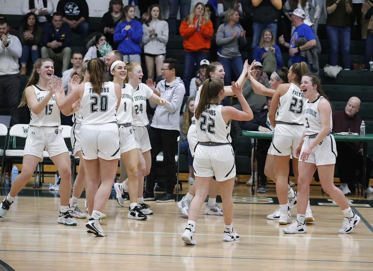 GRWCWomensHoops's tweet photo. @gr_wcwbb executed in all phases in the Quarterfinals with help from huge fan support and are heading to the Final Four at MSU. All Falcons scored! @AnnaIgnatoski led all scorers with 20-pts. @abbeykimball27 added 19 along with 10-assists. @PolegaReese had 10-pts.  Let’s Go West! https://t.co/OpwMwcWn6M