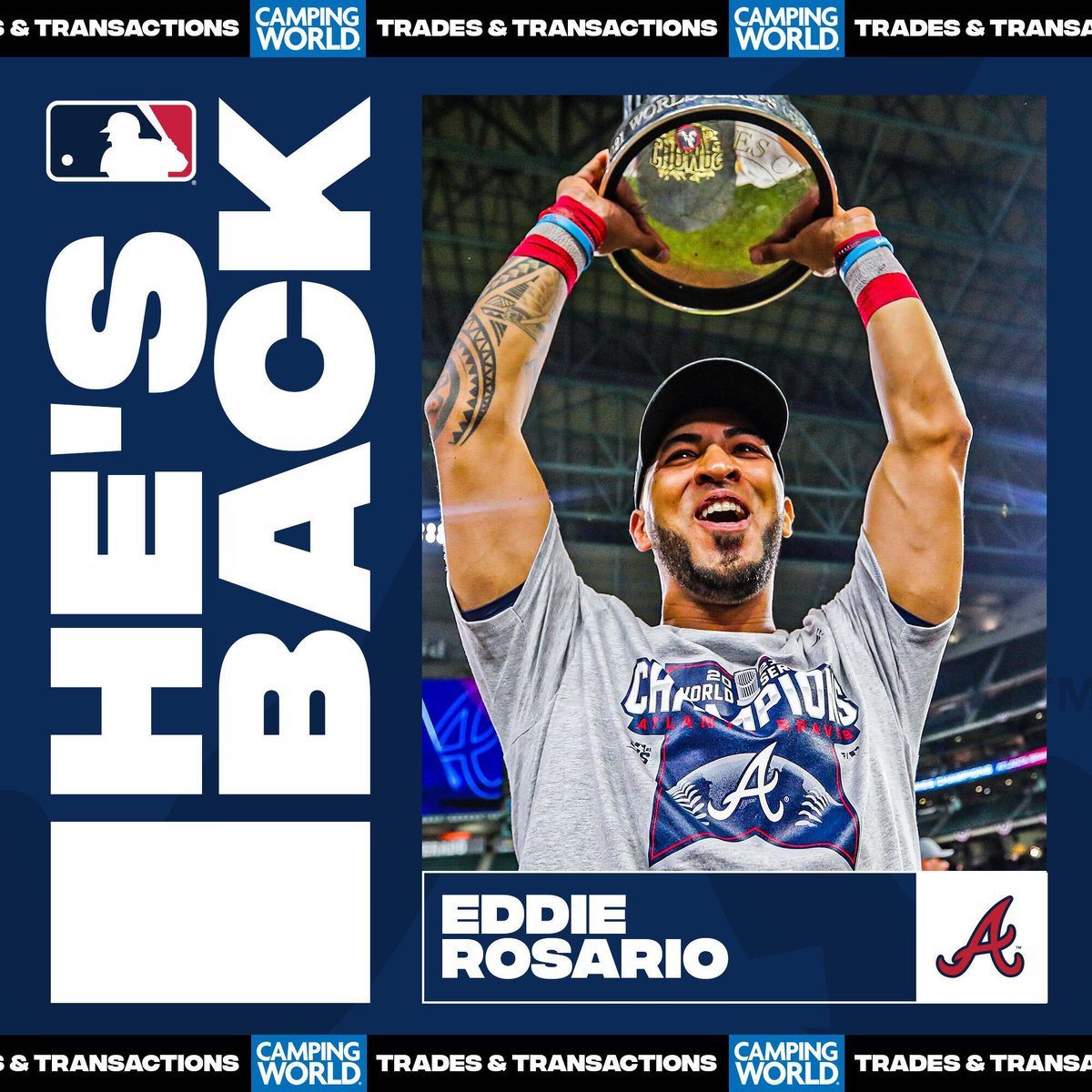 MLB (@mlb) on Twitter photo The <a href="/Braves/">Atlanta Braves</a> postseason hero is back!
OF Eddie Rosario and Atlanta agree to 2-year contract with a club option for 2024. The <a href="/Braves/">Atlanta Braves</a> postseason hero is back!
OF Eddie Rosario and Atlanta agree to 2-year contract with a club option for 2024.