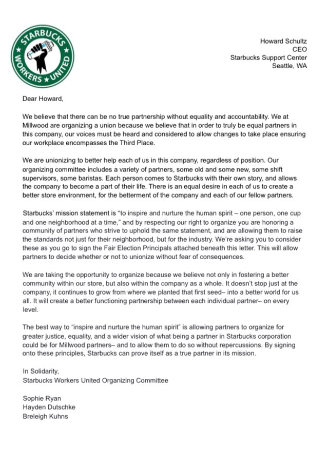 SBWorkersUnited's tweet photo. It seems we’ve sent our last “Dear Kevin” letter, and its time for something new. So….Dear Howard, we hope this letter finds you well. Oh, and by the way, the Millwood store in Columbia, SC is unionizing :) https://t.co/JN6zn2CQ8Q