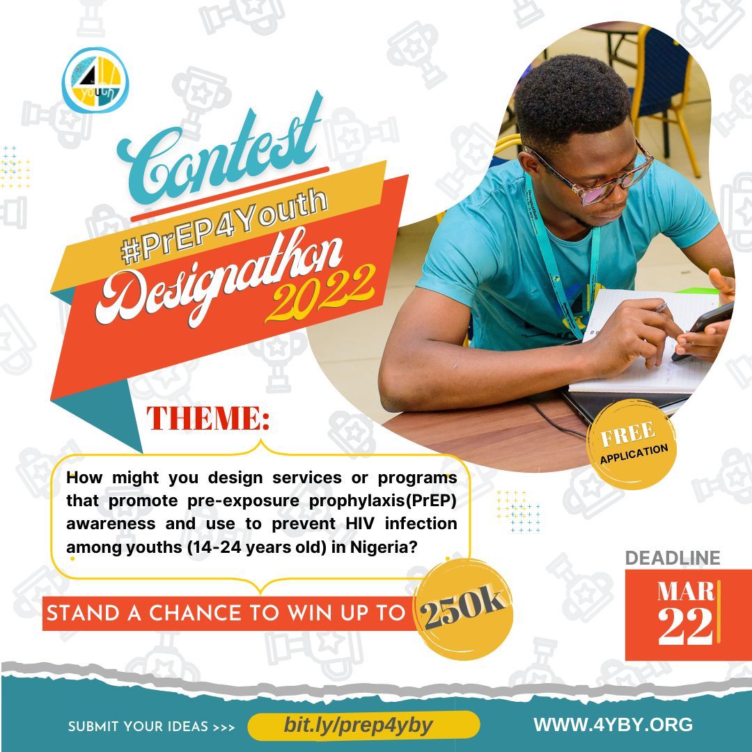 realsabigurl's tweet photo. Exciting Opportunity for Nigerian Youth 14-24 years. Submit your idea [ https://t.co/R6aru2NyOa] to participate in the @4YouthBYouth Designathon. Top teams from the designathon stand a chance to win up to ₦250,000 cash prize! #PrEP4Youth #OpenContest https://t.co/Ra09P0oBQA