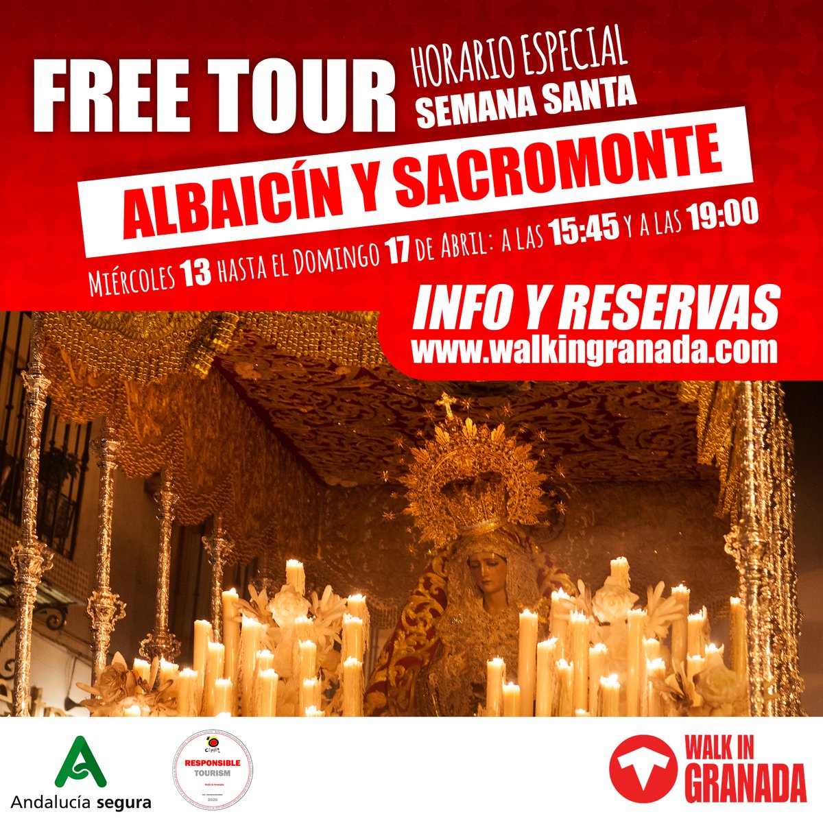 ¿Estás organizando tus vacaciones de Semana Santa? Os recordamos que desde el miércoles 13 hasta el domingo 17 de abril, ofrecemos dos #freetour de Albaicín y Sacromonte: a las 15:45 y a las 19:00. 

Reserva tu plaza aquí: walkingranada.com/free-tours/alb…