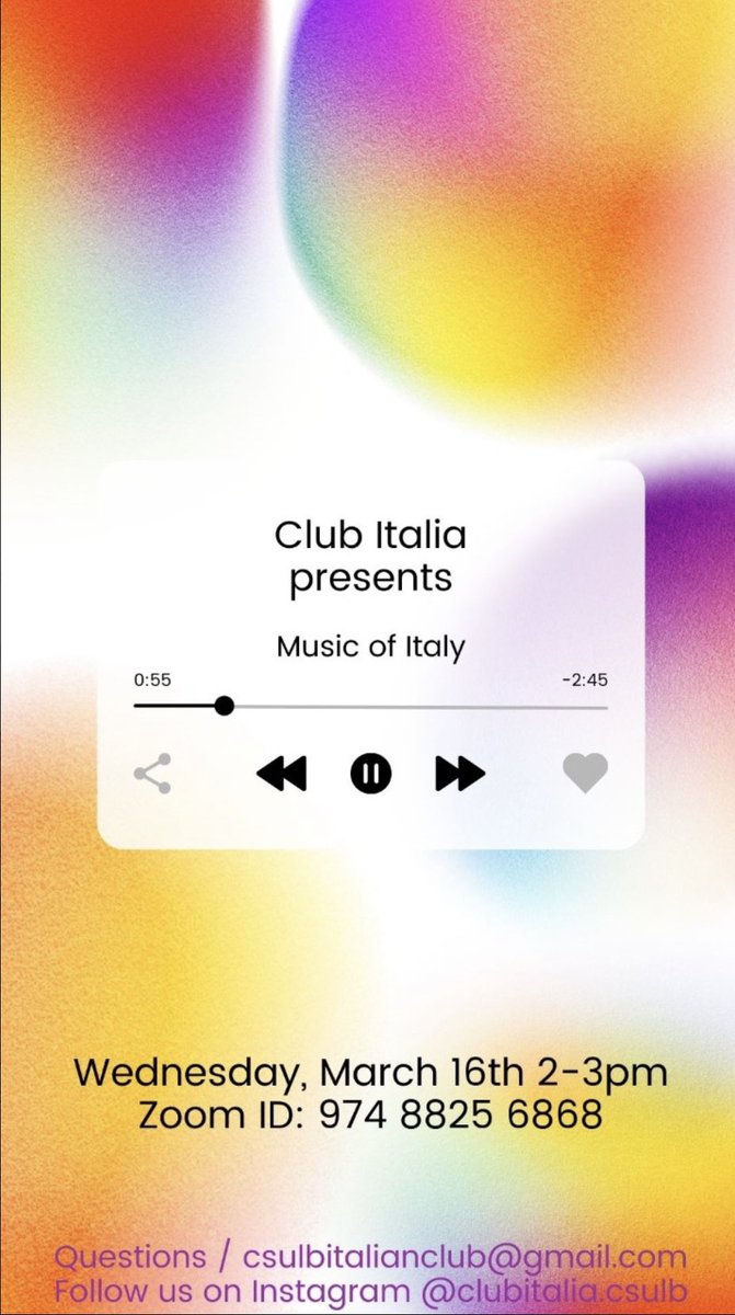 Join Club Italia today at 2PM PST for a music-themed Tavola Italiana!
#csulb #rgrll #graziadiocenter #musicaitaliana #clubitalia #imparaitaliano