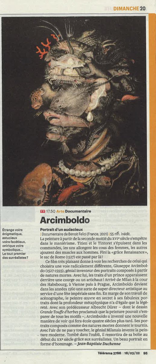 « Ce film très plaisant donne à voir les recherches de celui qui choisira une voie radicalement différente, Giuseppe Arcimboldo, génial inventeur des portraits composés » - <a href="/Telerama/">Télérama</a>
📺RDV le 20 mars à 17h50 sur <a href="/ARTEfr/">ARTE</a> pour découvrir ARCIMBOLDO, PORTRAIT D'UN AUDACIEUX 🎨