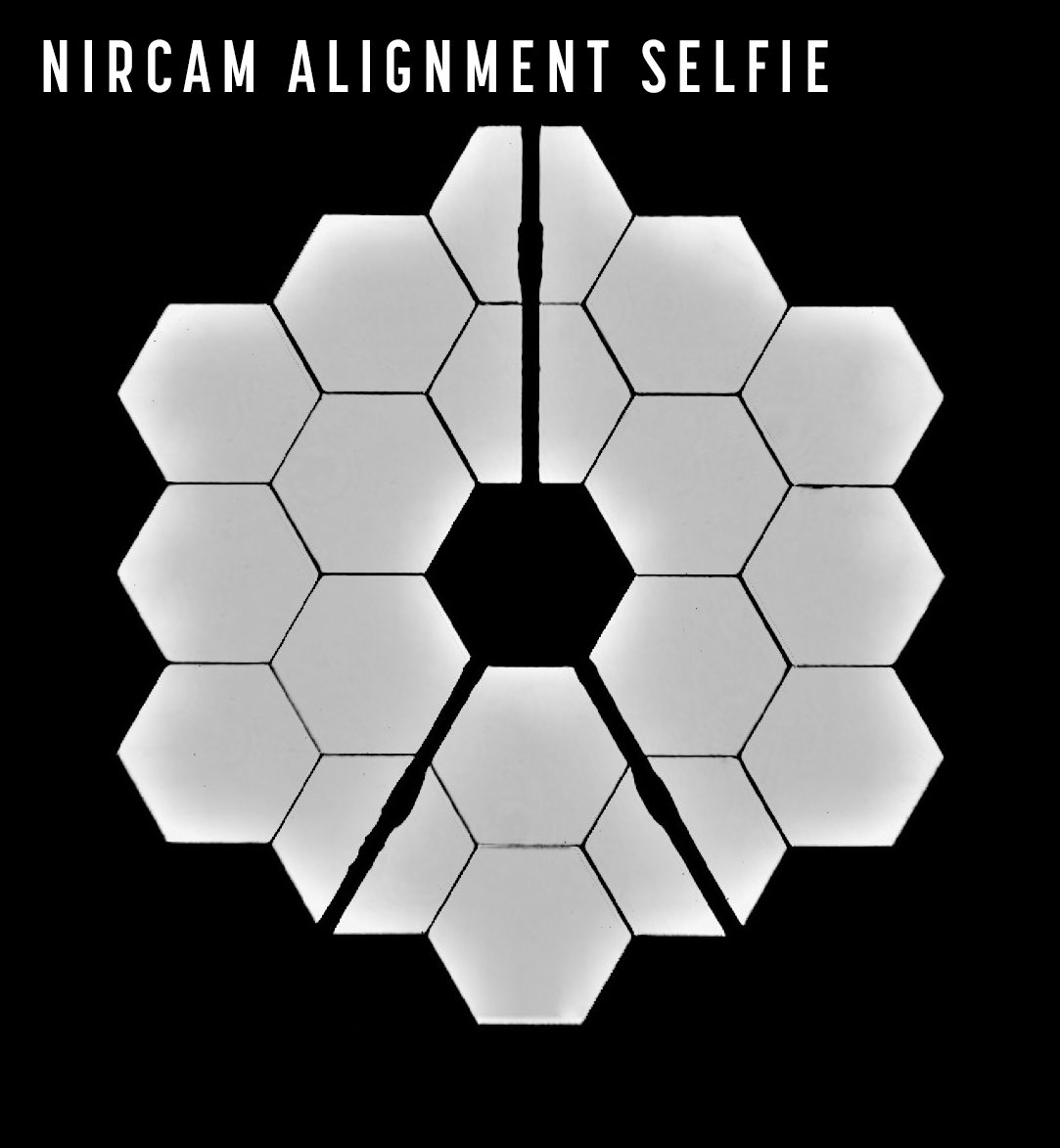 haygenwarren's tweet photo. Another selfie from James Webb!

Like the last selfie, this selfie was taken using a special lens inside the observatory’s NIRCam instrument. All 18 mirror segments are illuminated as they are all reflecting the same starlight into the observatory’s instruments. https://t.co/9odr7EFKc5