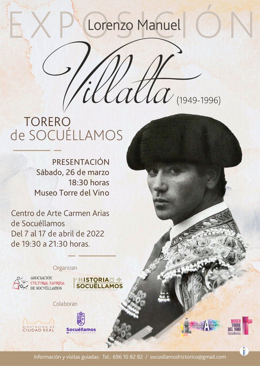 El sábado 26 de marzo, va a tener lugar una  tertulia alrededor de una figura del toreo: Lorenzo Manuel Villalta. 
Inscripción previa en el teléfono 926 67 49 05 o en el correo torredelvino@ayto-socuellamos.es
#MTDVS #Socuéllamosturismo  #EnoturismoRVE #RutadelVinodelaMancha