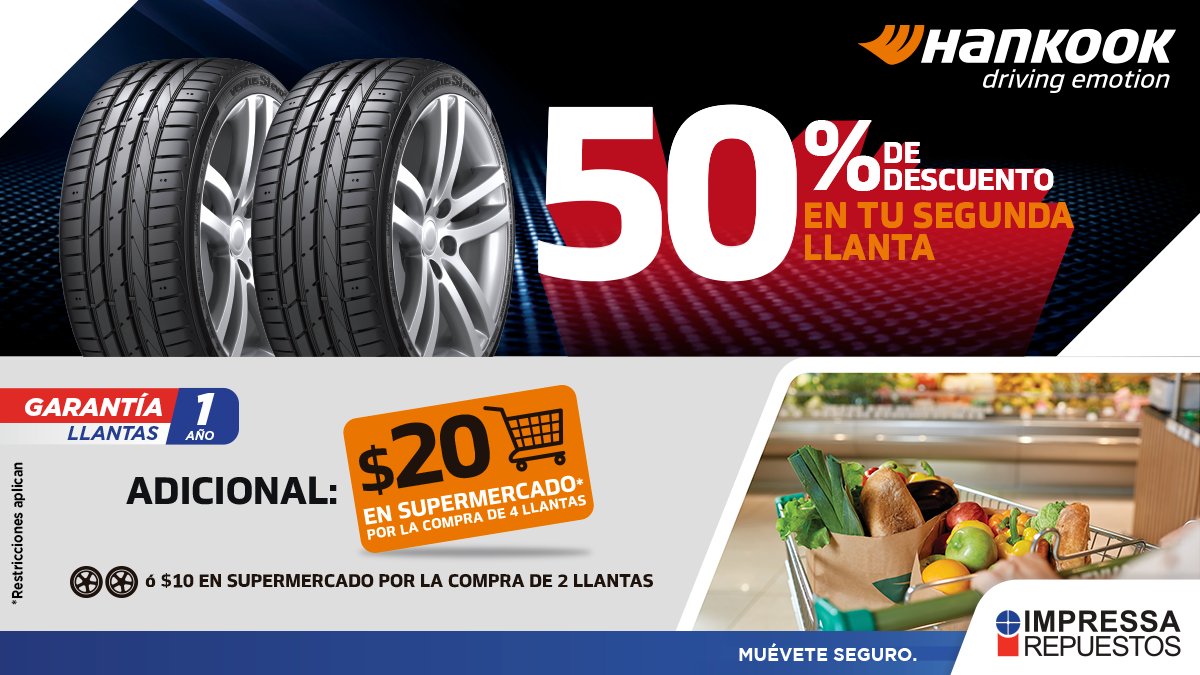 IMPRESSAREP's tweet image. 50% de DESCUENTO en tu segunda llanta Hankook 😎 y por la compra de 4️⃣ Llantas recibes GRATIS un certificado de $20.00 en supermercado

Cotízalas al 2278-9999 o por WhatsApp: bit.ly/3uxLJ10

🔷Promoción del 24/2/22 al 31/3/22
🔷Ver restricciones: bit.ly/2Ee6Orr