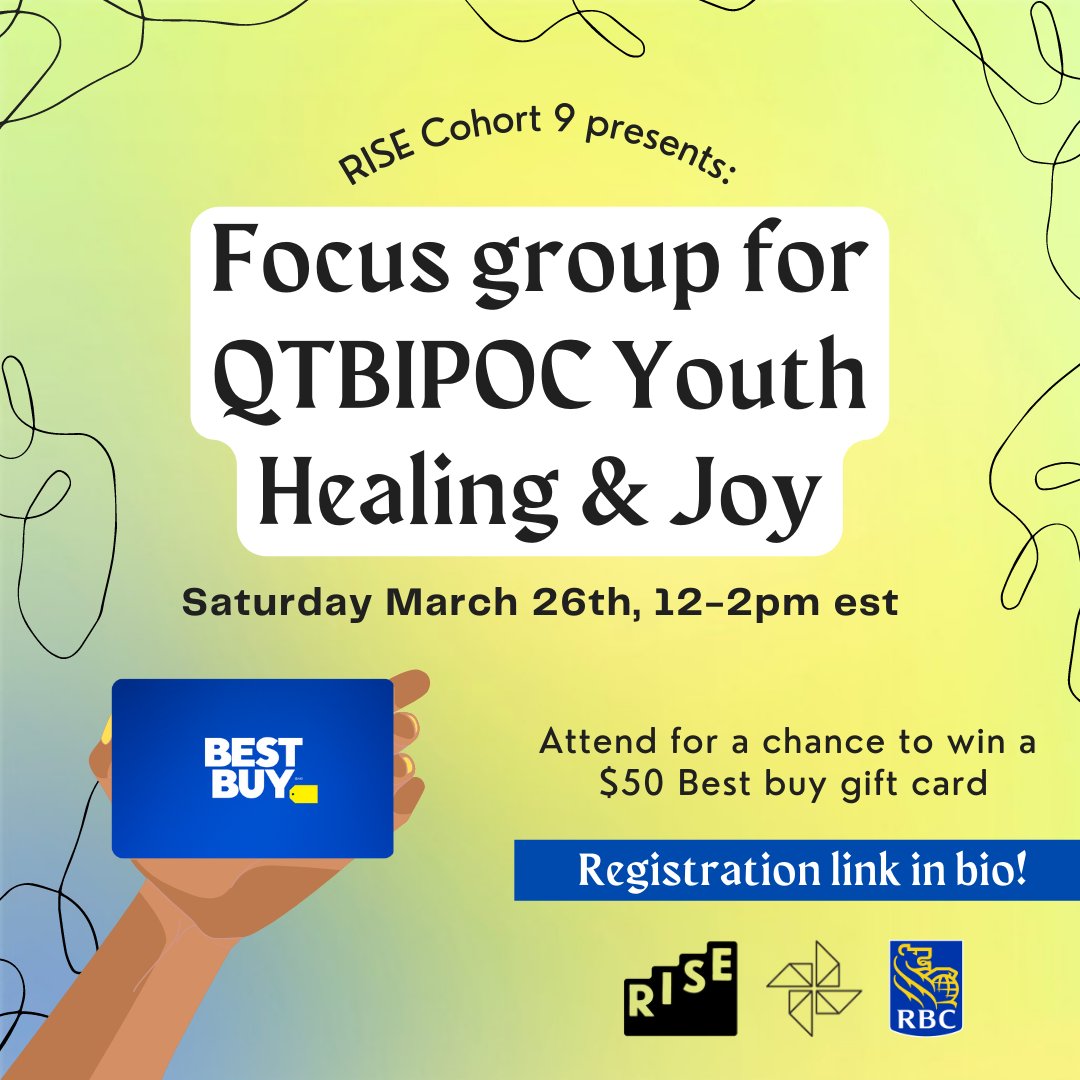 aisbRISE_TO's tweet photo. Introducing RISE Cohort 9's Focus Group! If you want a chance to have a deep meaningful conversation with other QTBIPOC folks and be entered into a raffle to win 1 of 3 Best Buy Gift Cards, then click here to join: https://t.co/0jcZoRxJFl #queertoronto #QTBIPOC #bestbuy https://t.co/7Sshj4VQXO