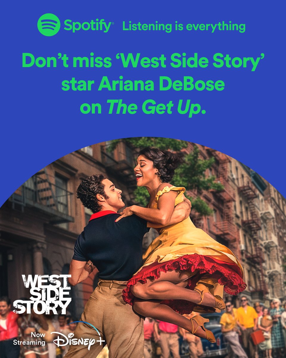 DisneyMusic's tweet photo. Tune-in to @Spotify's #TheGetUp to hear @ArianaDeBose chat with @XavierJernigan about playing Anita in Steven Spielberg's #WestSideStory. https://t.co/En21JfP3Yf https://t.co/vy1EqcKdRi