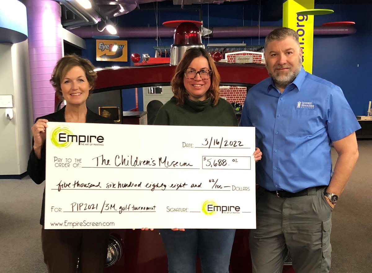 FunMuseum's tweet photo. Empire Screen Printing recently presented the Children's Museum with a check for $5,688.02 from their 2021 Partners in Printing 3M Cup golf event! These funds will support affordable access and exhibit maintenance. #FunMuseum #EmpireScreenPrinting #PartnersInPrinting #3M https://t.co/DPz8Cb9xAL