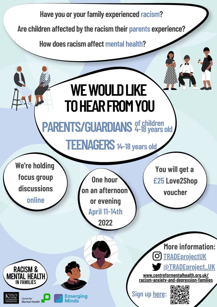 📢 Calling #parents &amp; #teenagers to support our work 📢

❓Is your family affected by #racism?
❓Would you like to join an online discussion with us in April?
❓Could you help spread the word?

Sign up link here: qualtrics.kcl.ac.uk/jfe/form/SV_3Q…

More info here: centreformentalhealth.org.uk/racism-anxiety…