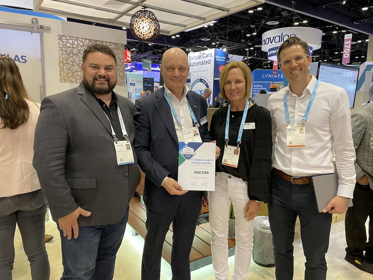 censinet's tweet image. Congratulations to @SectraNews  for their #CybersecurityTransparent award this week at #HIMSS22. Shown are @logancm77  of @censinet, Torbjörn Kronander and Andrea Sowitch of Sectra, and Steve Low of @KLASresearch.